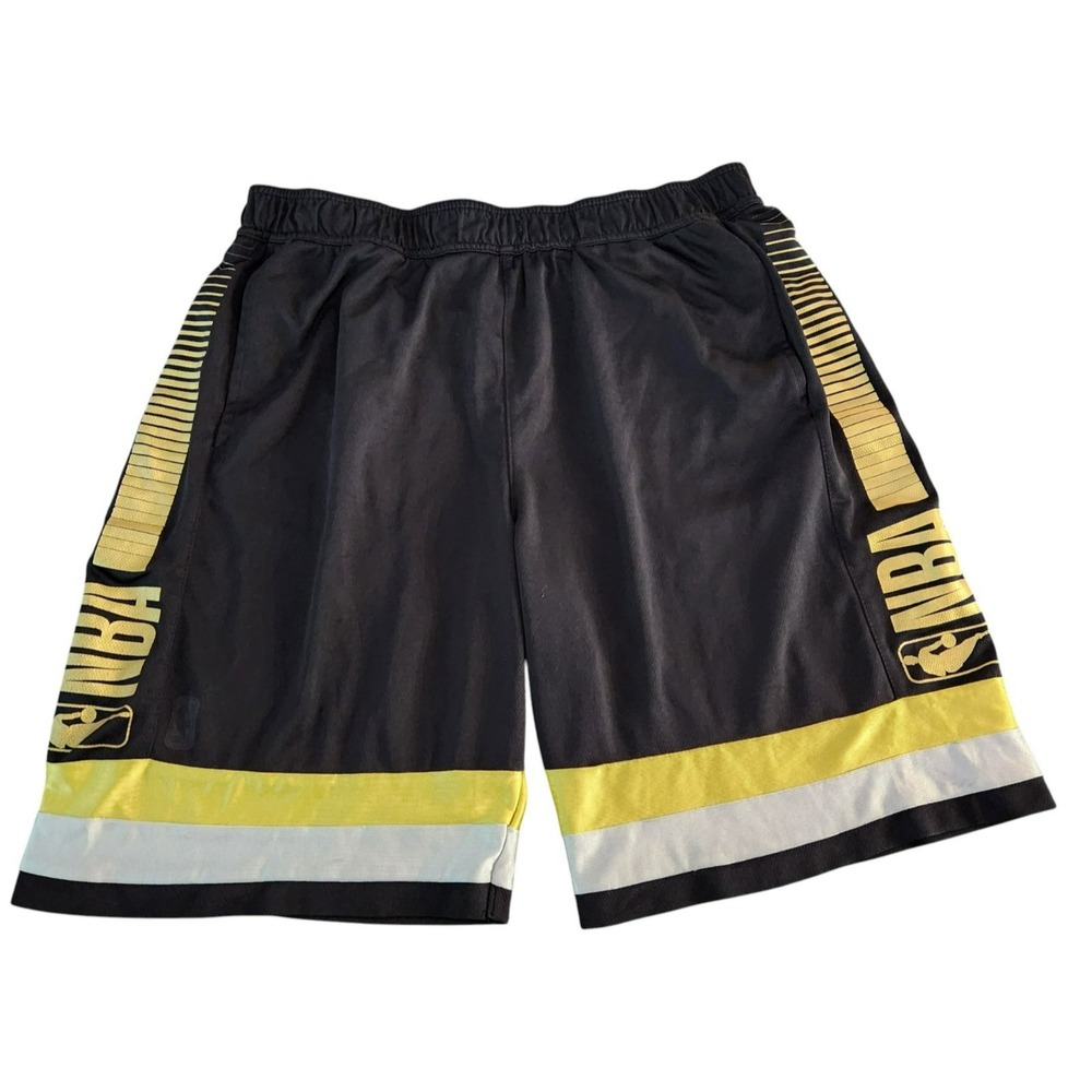 NBA Basketball Shorts Mens Large Black Yellow White Striped Athletic‎ Mesh